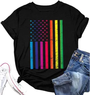 USA LGBT Pride Month Flag T-Shirt Rainbow Equality Tees Short Sleeve LGBTQ Tops,Black