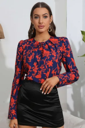Von Fleur Floral 80's Graphic Red & Navy Floral Long Sleeve Blouse