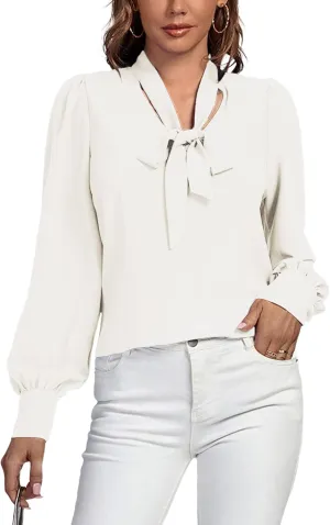 Vrtige Women's Elegant Bow Tie Neck Long Sleeve Blouse Office Top Shirt