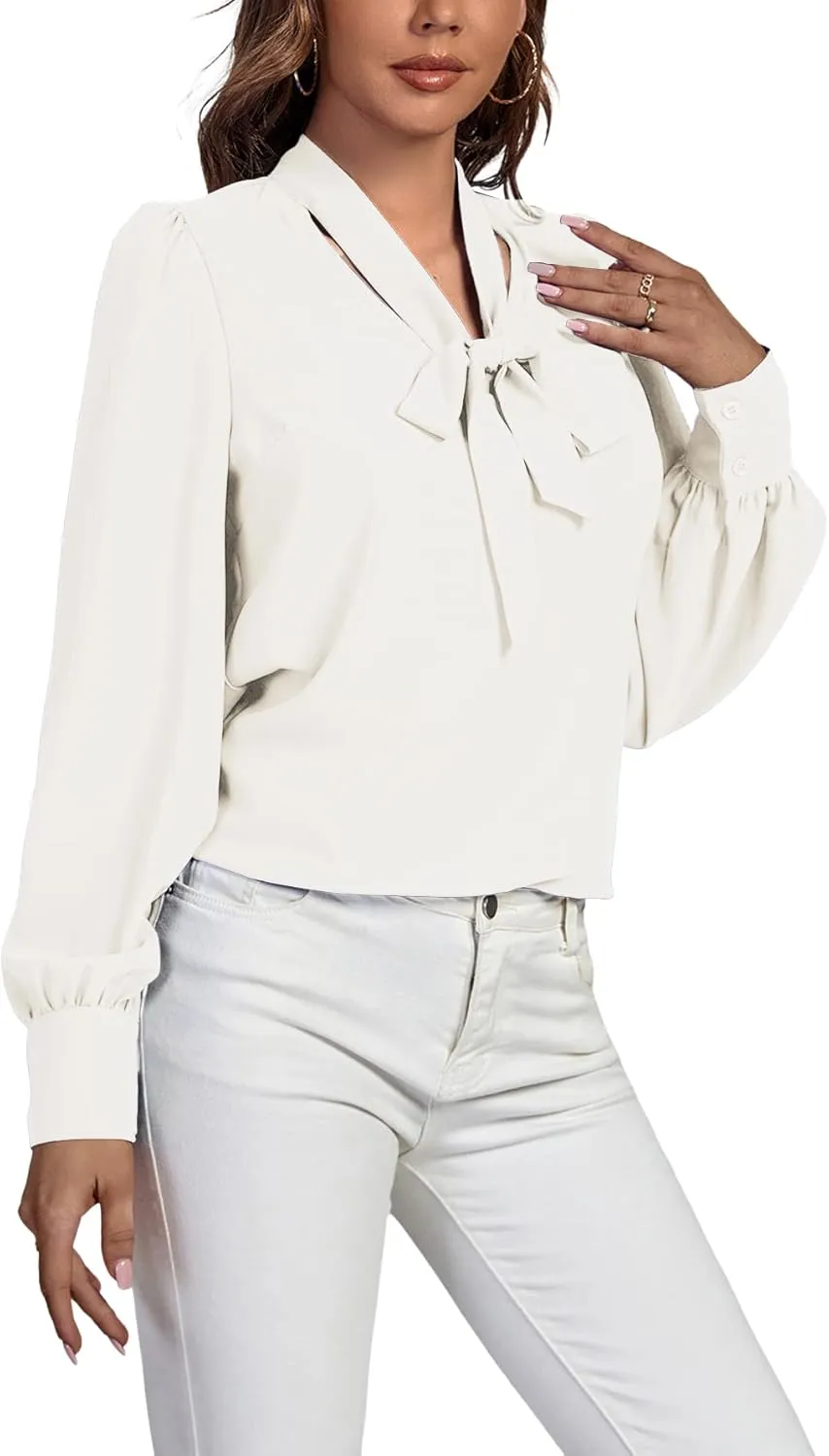 Vrtige Women's Elegant Bow Tie Neck Long Sleeve Blouse Office Top Shirt