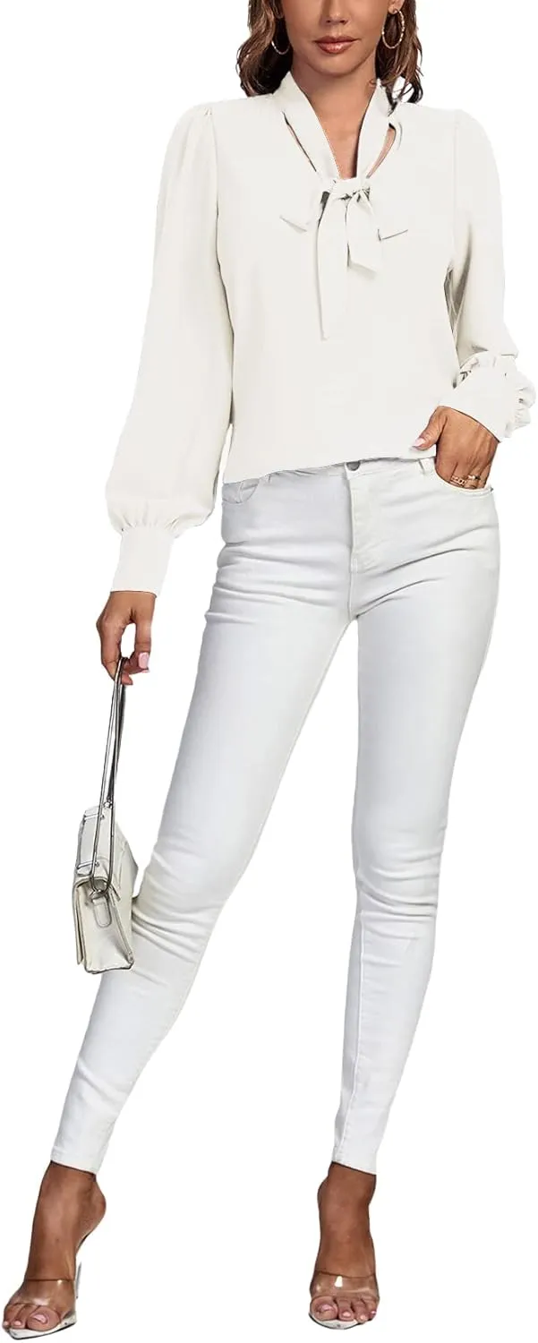 Vrtige Women's Elegant Bow Tie Neck Long Sleeve Blouse Office Top Shirt
