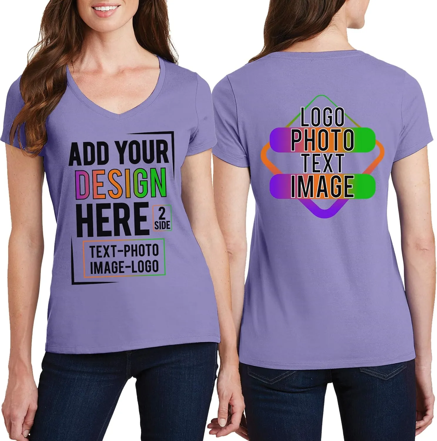 Women Custom V Neck T Shirts Design Your Own Add Picture Photo Text Two Sided