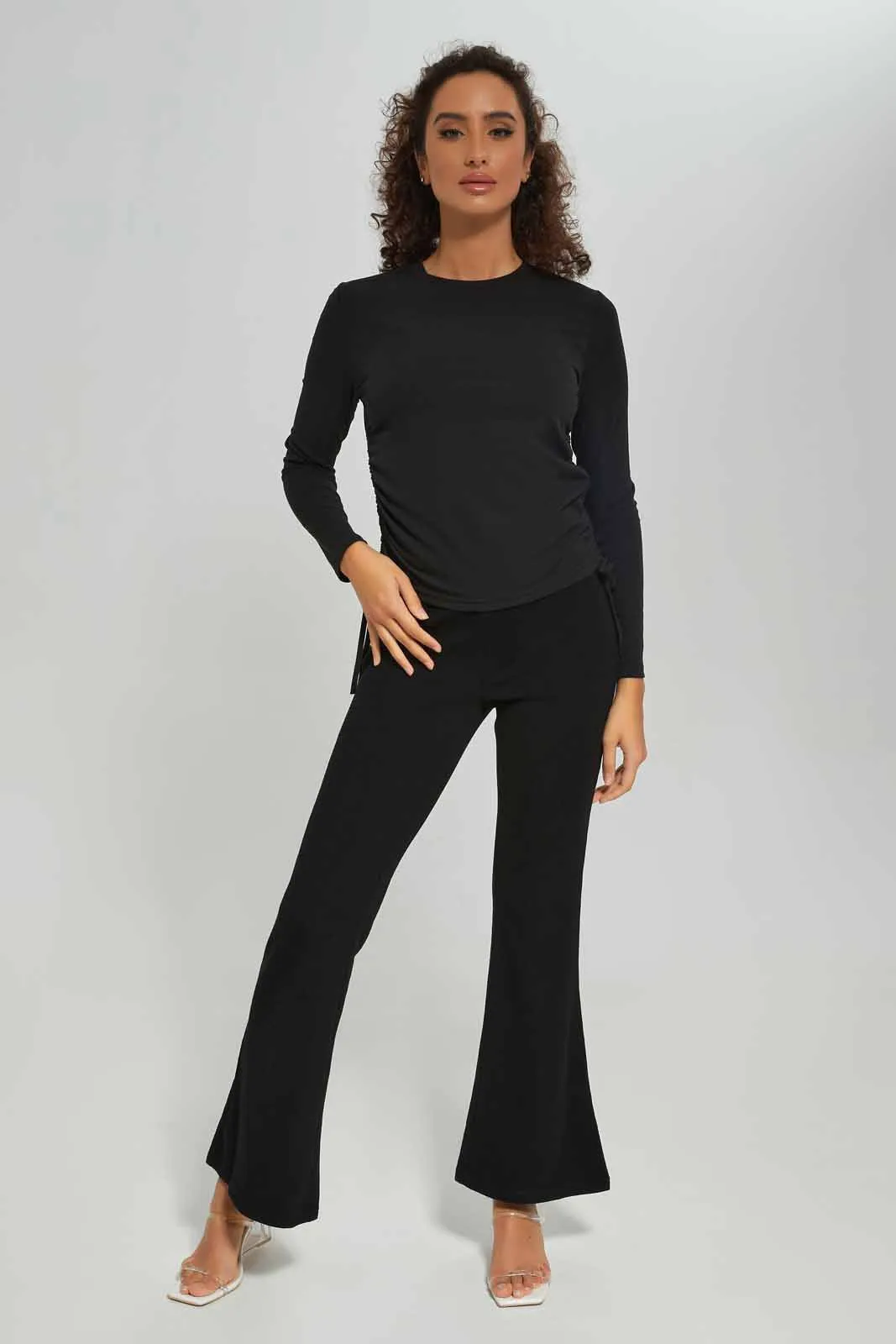 Women Long Sleeve Side Ruched Black T-Shirt