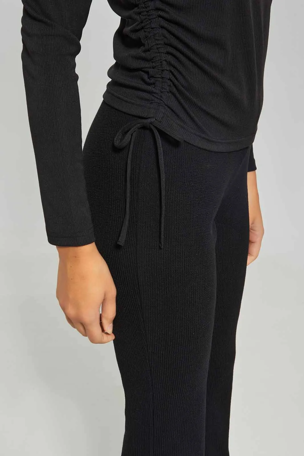 Women Long Sleeve Side Ruched Black T-Shirt