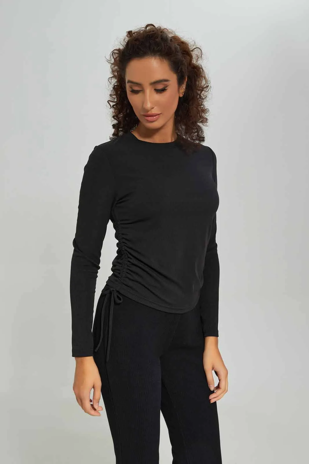 Women Long Sleeve Side Ruched Black T-Shirt