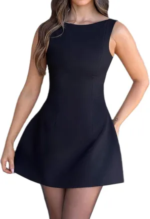 Women Sexy Backless Mini Dress Sleeveless Open Back A Line Formal College Graduation Dress