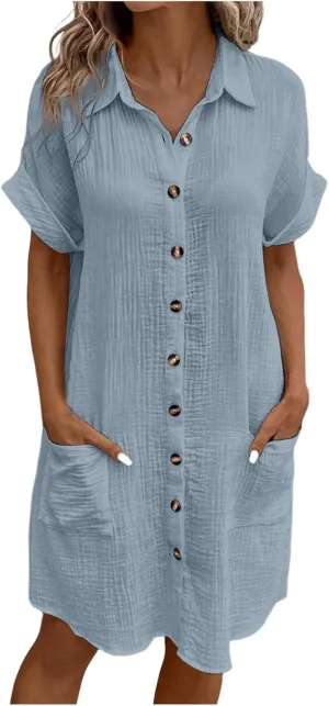 Womens Cotton Linen Shirt Dresses 2025 Summer Short Sleeve Button Down Lightweight Loose Beach Cover Up Dress Pockets