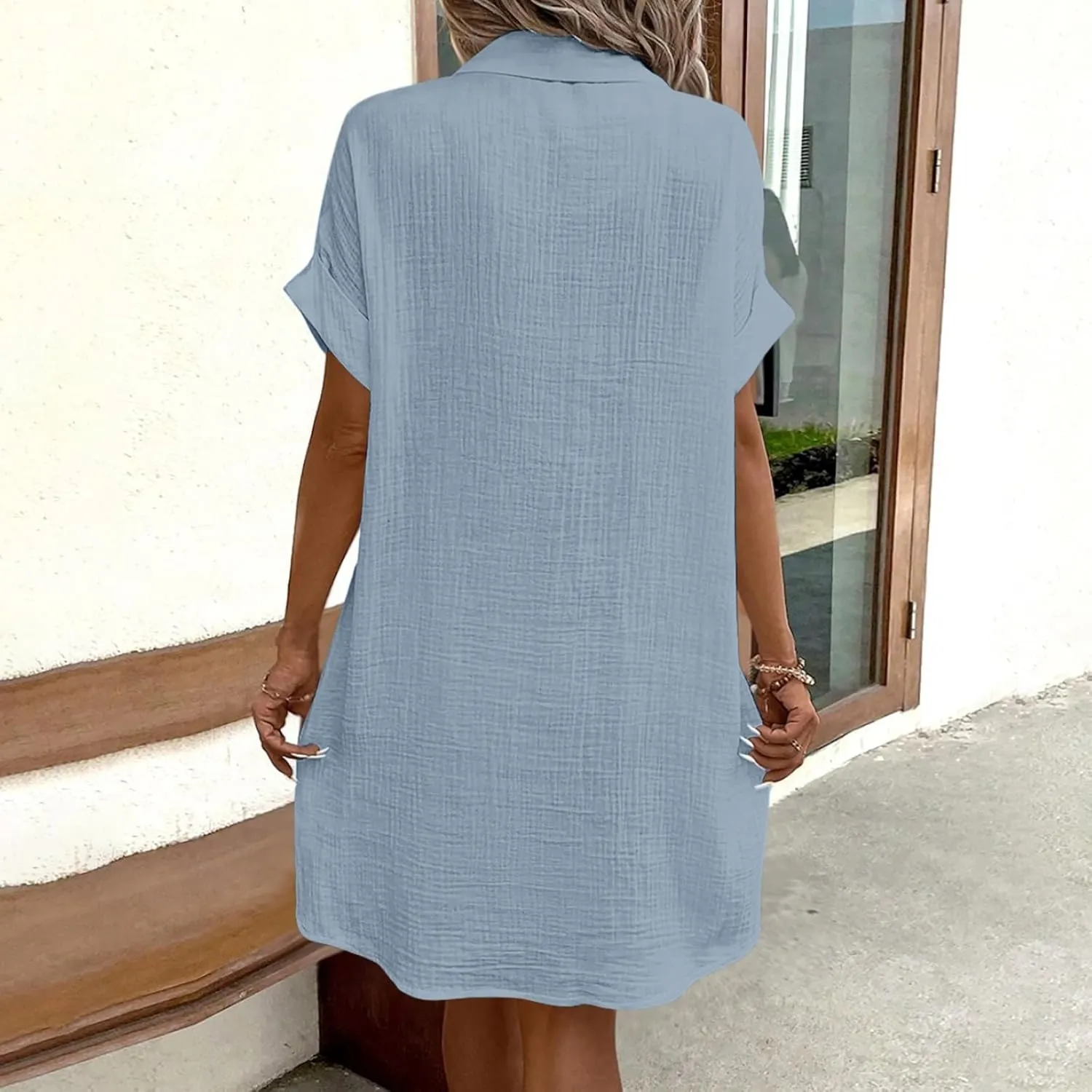 Womens Cotton Linen Shirt Dresses 2025 Summer Short Sleeve Button Down Lightweight Loose Beach Cover Up Dress Pockets