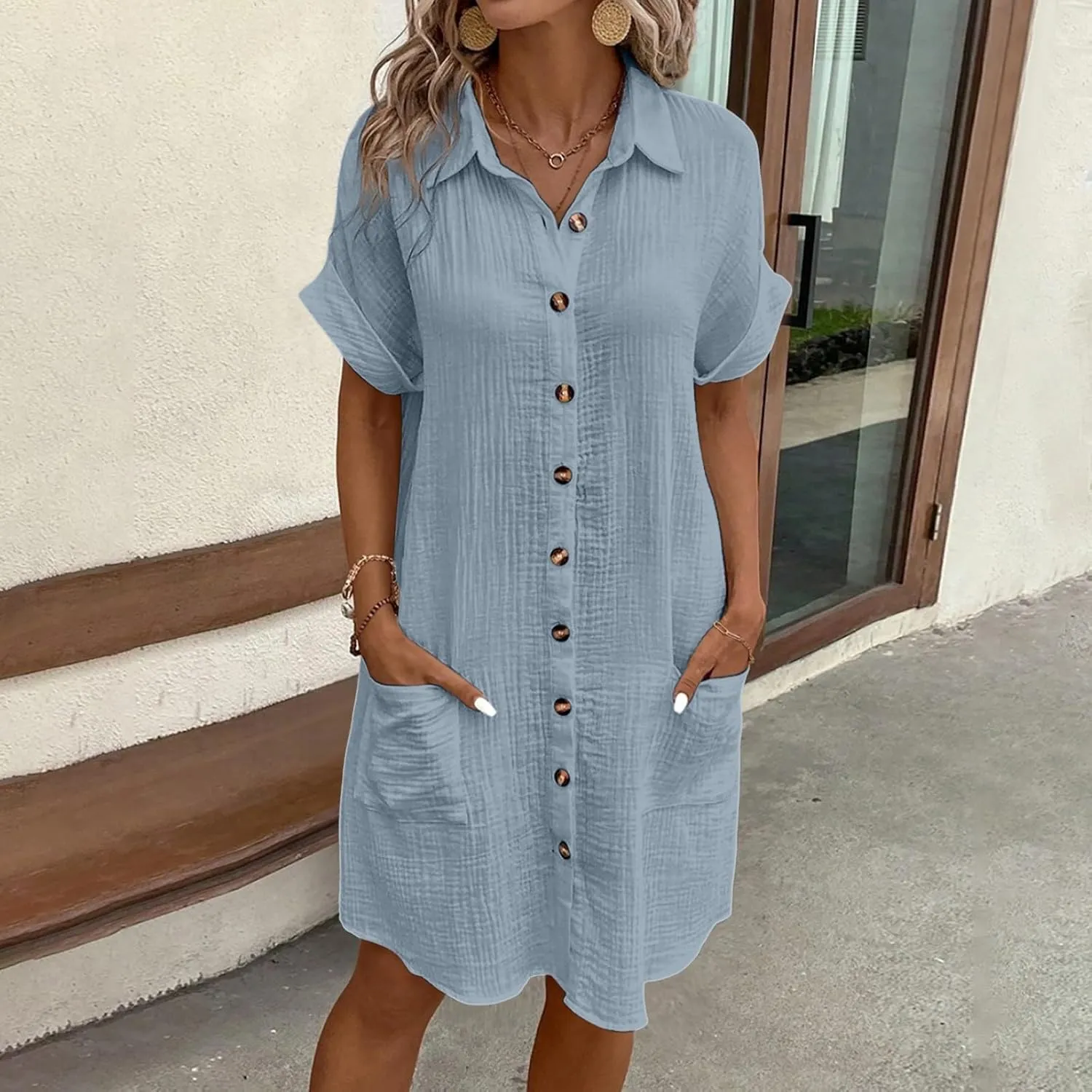 Womens Cotton Linen Shirt Dresses 2025 Summer Short Sleeve Button Down Lightweight Loose Beach Cover Up Dress Pockets