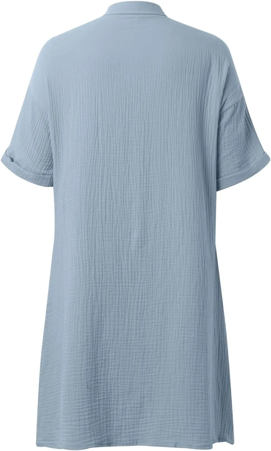 Womens Cotton Linen Shirt Dresses 2025 Summer Short Sleeve Button Down Lightweight Loose Beach Cover Up Dress Pockets