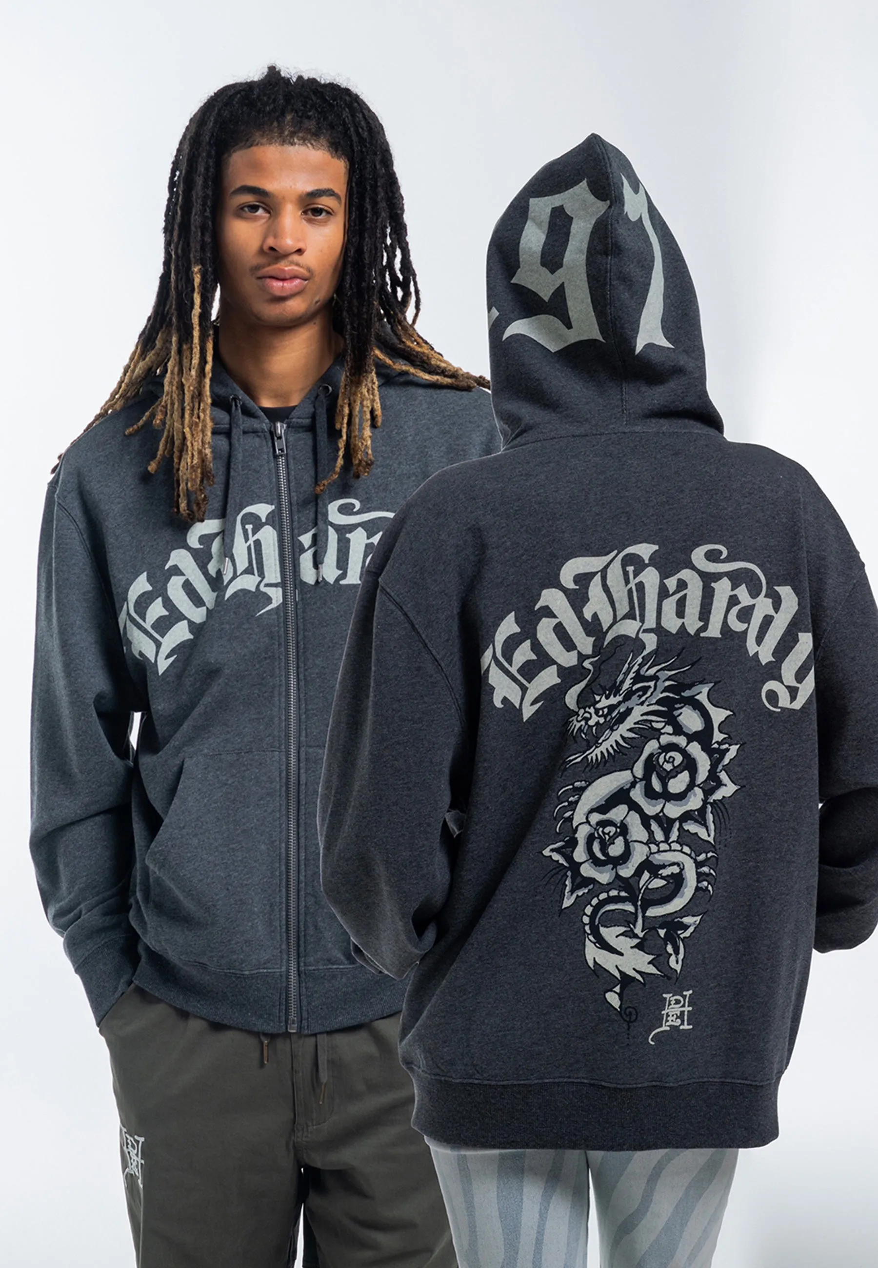 Womens Dragon Rose Zip Through Hoodie - Charcoal Marl