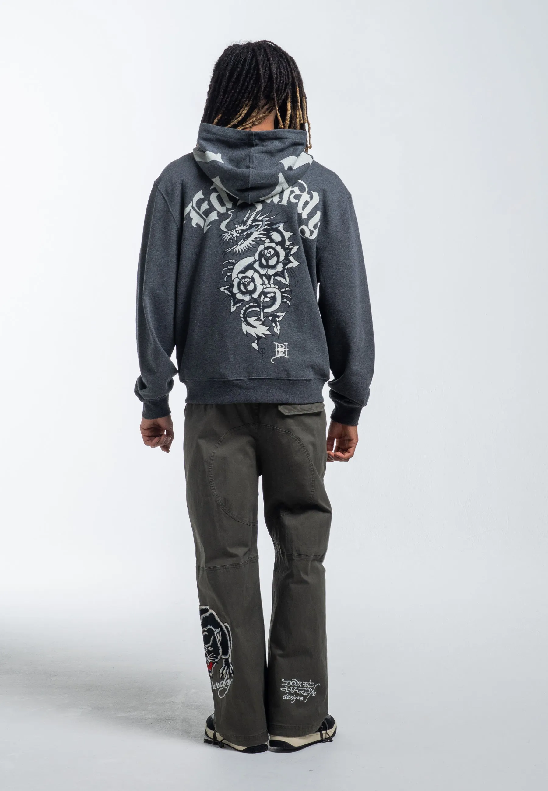 Womens Dragon Rose Zip Through Hoodie - Charcoal Marl