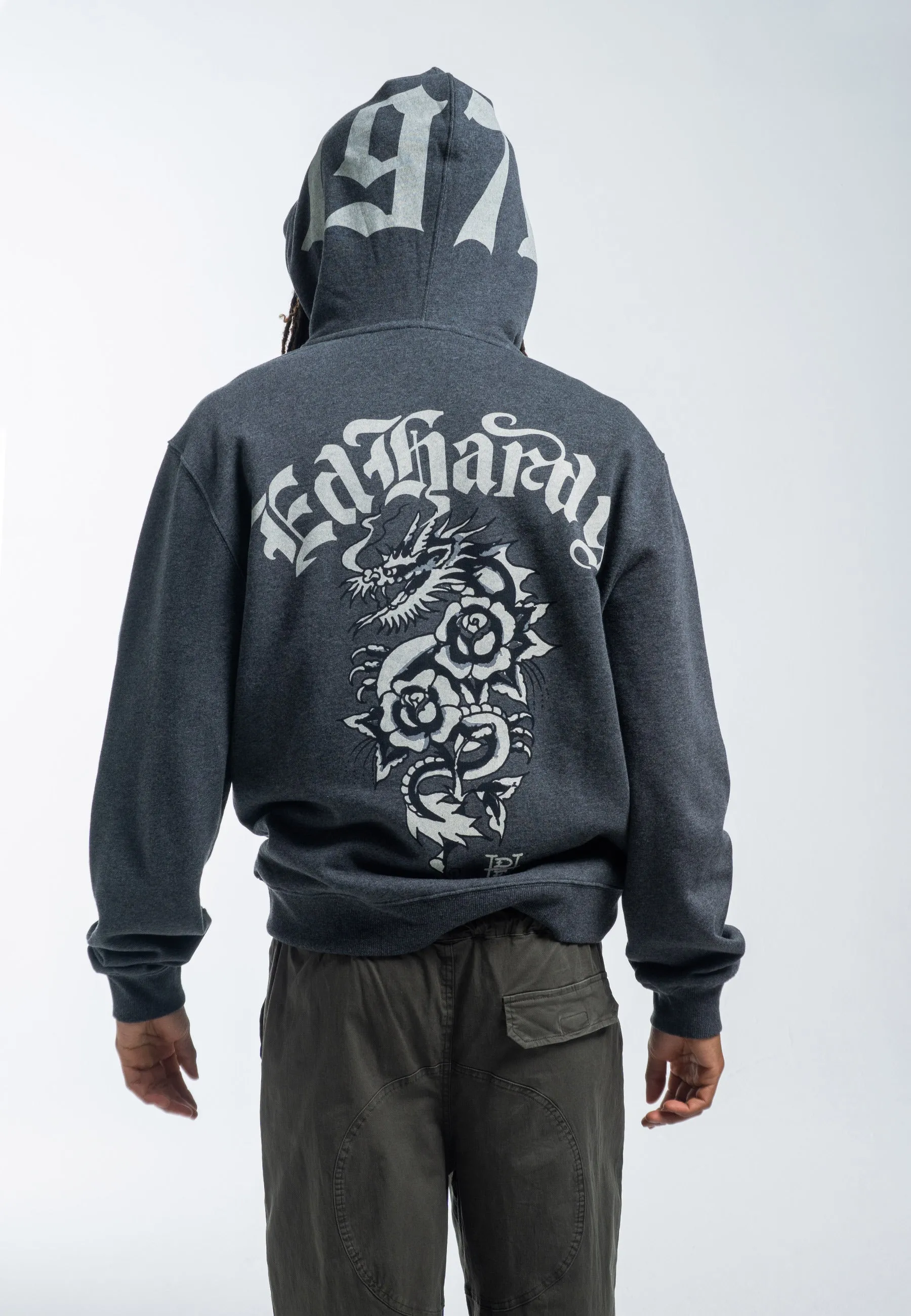 Womens Dragon Rose Zip Through Hoodie - Charcoal Marl
