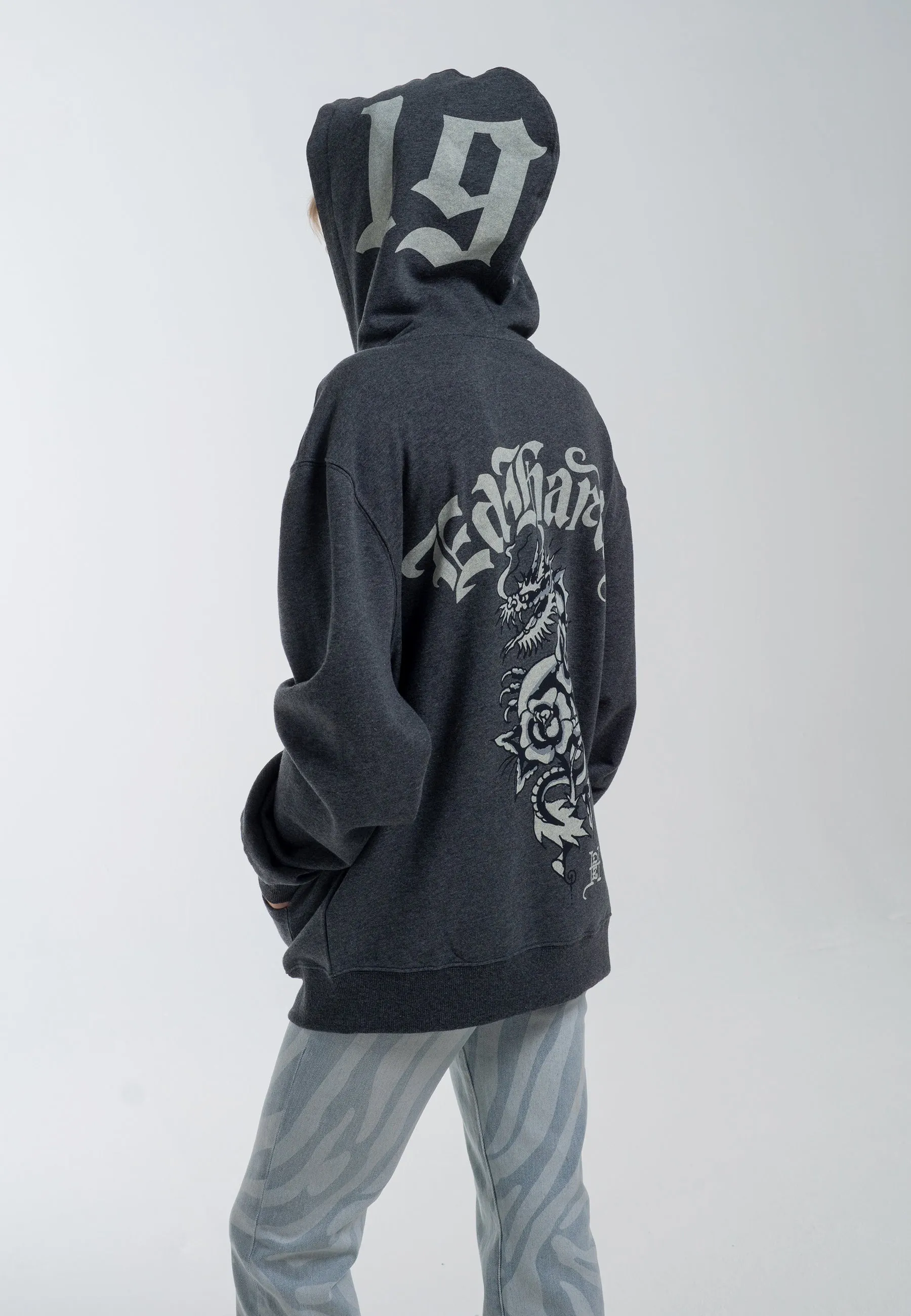 Womens Dragon Rose Zip Through Hoodie - Charcoal Marl