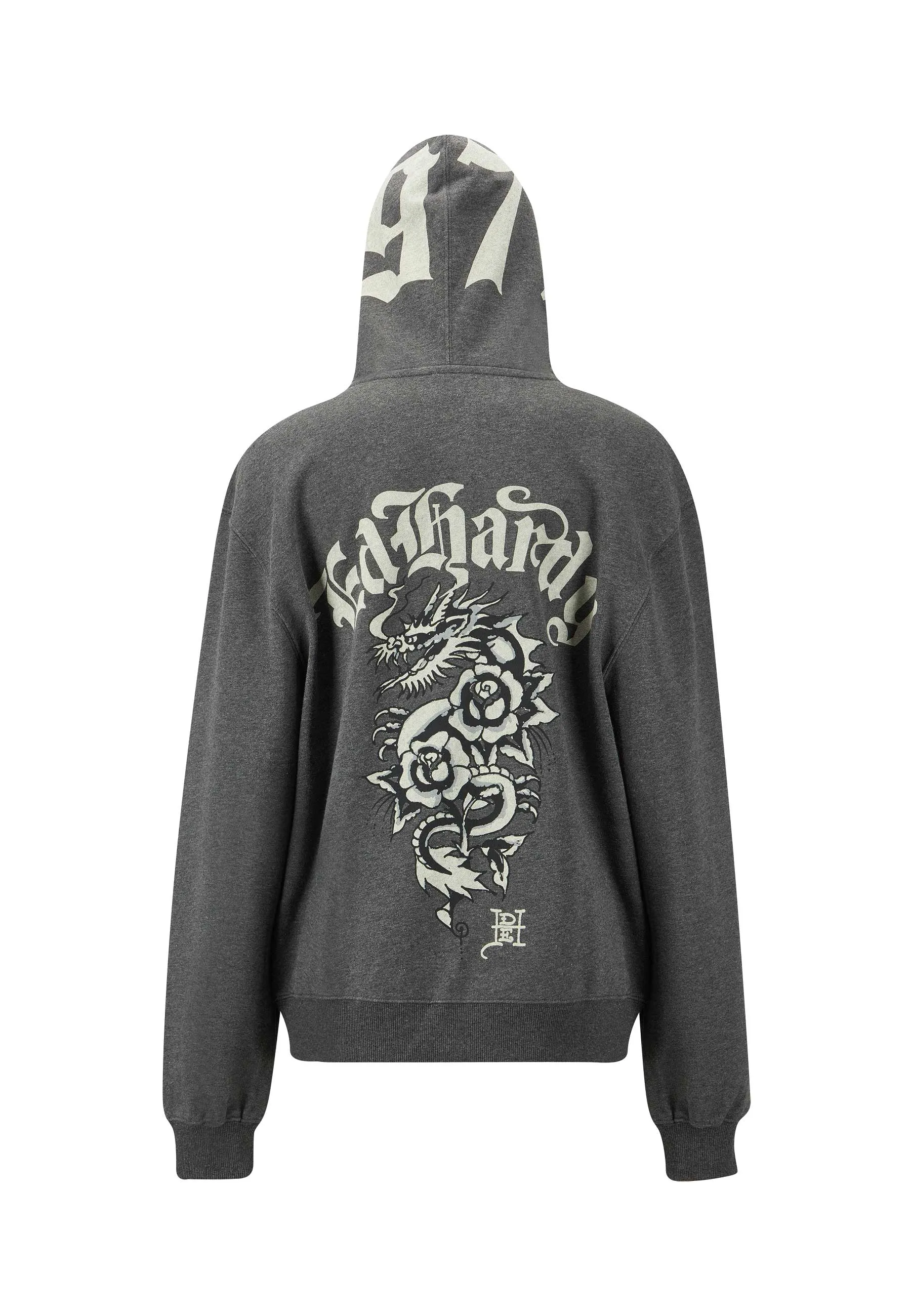 Womens Dragon Rose Zip Through Hoodie - Charcoal Marl