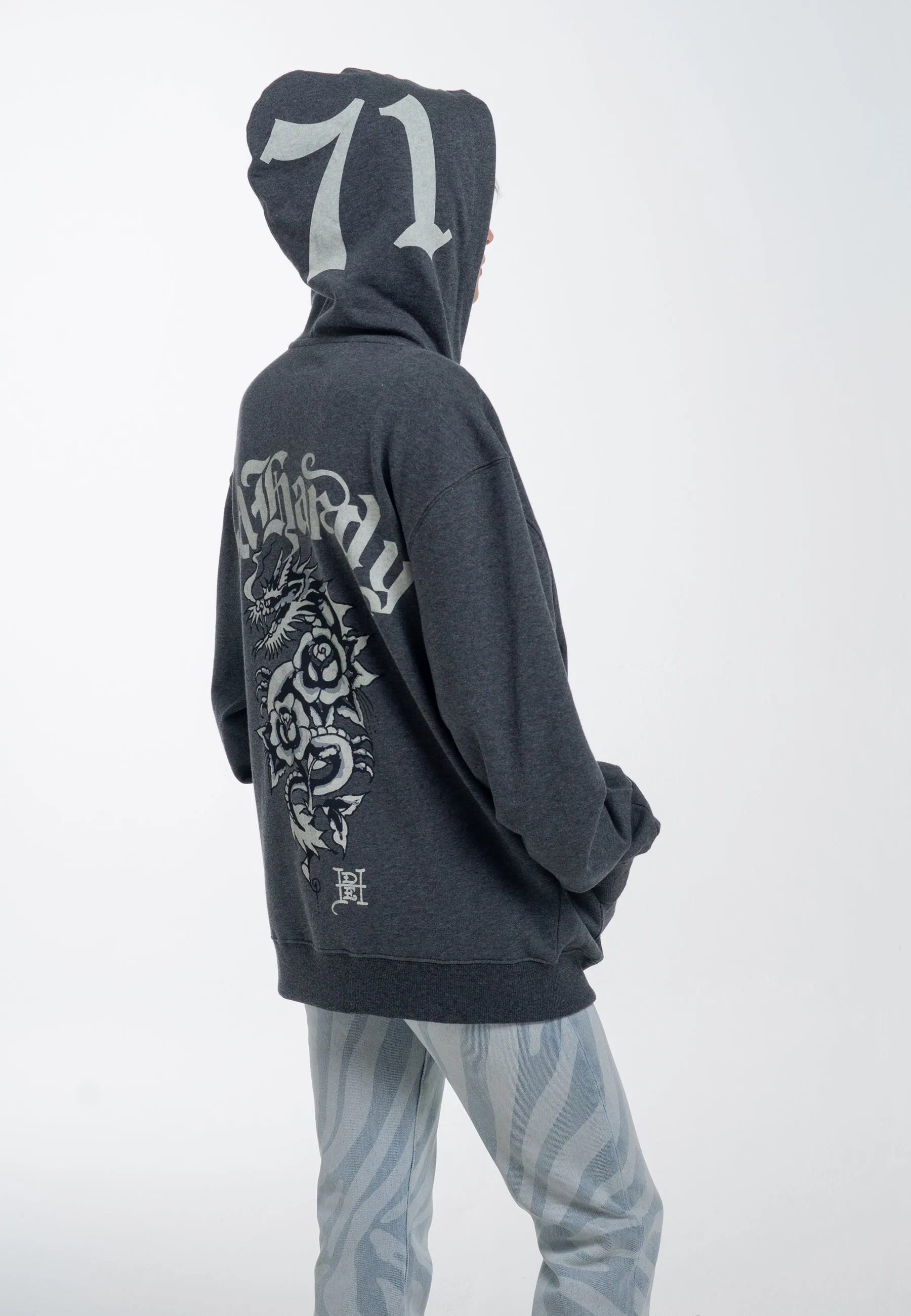 Womens Dragon Rose Zip Through Hoodie - Charcoal Marl