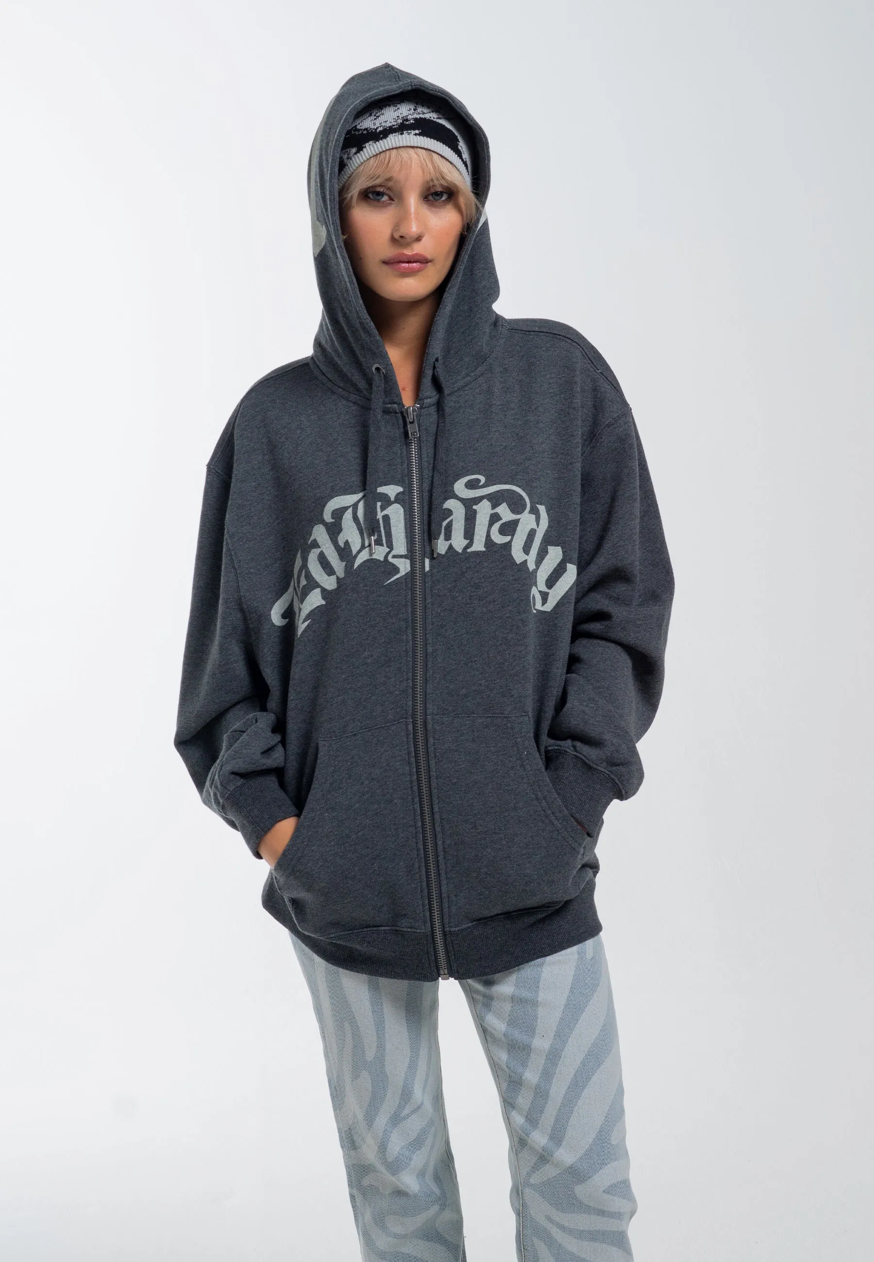 Womens Dragon Rose Zip Through Hoodie - Charcoal Marl