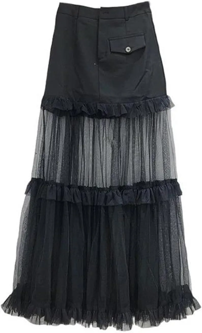 Women's Mesh Tiered Skirt, Solid Color Patchwork A-Line High Waist Design
