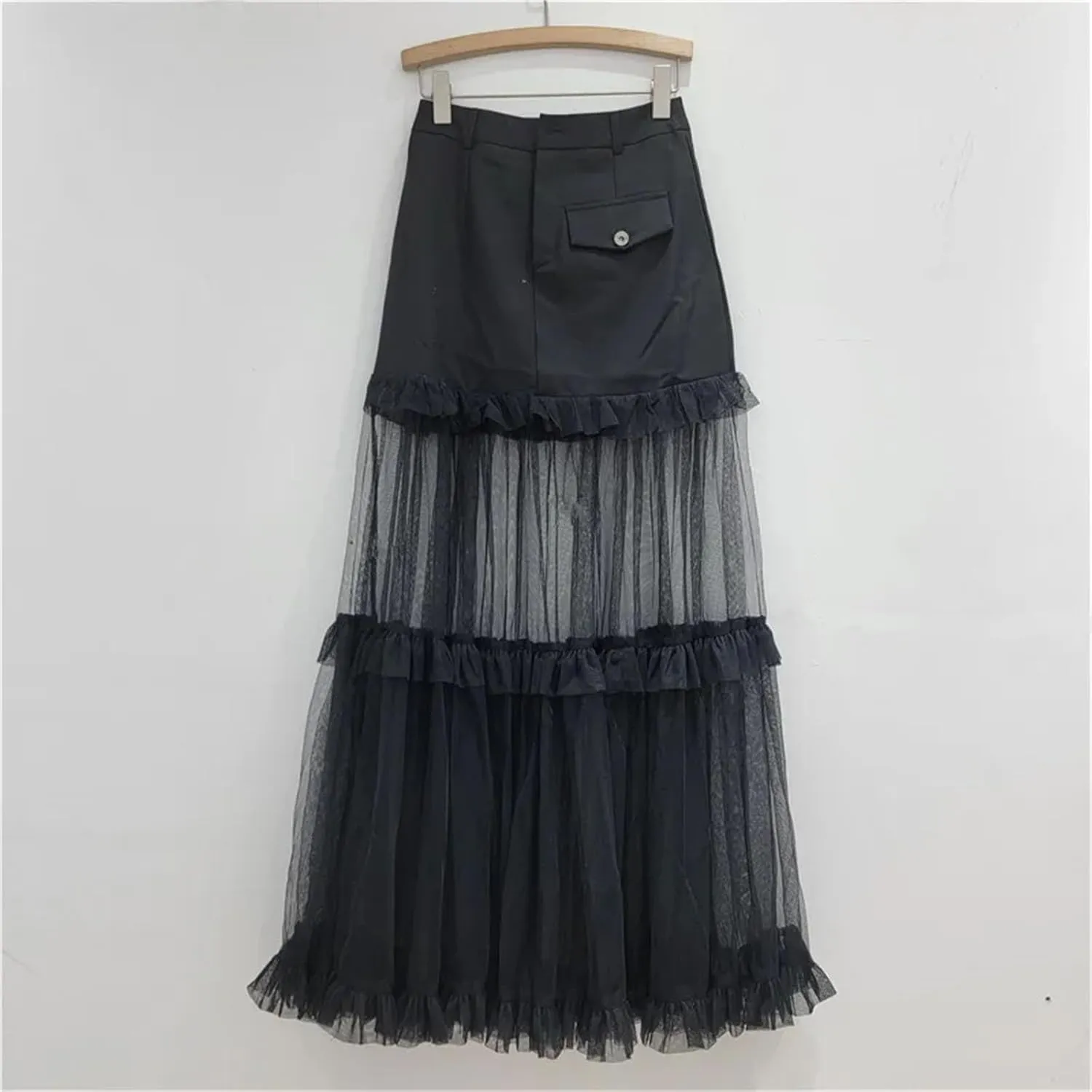 Women's Mesh Tiered Skirt, Solid Color Patchwork A-Line High Waist Design