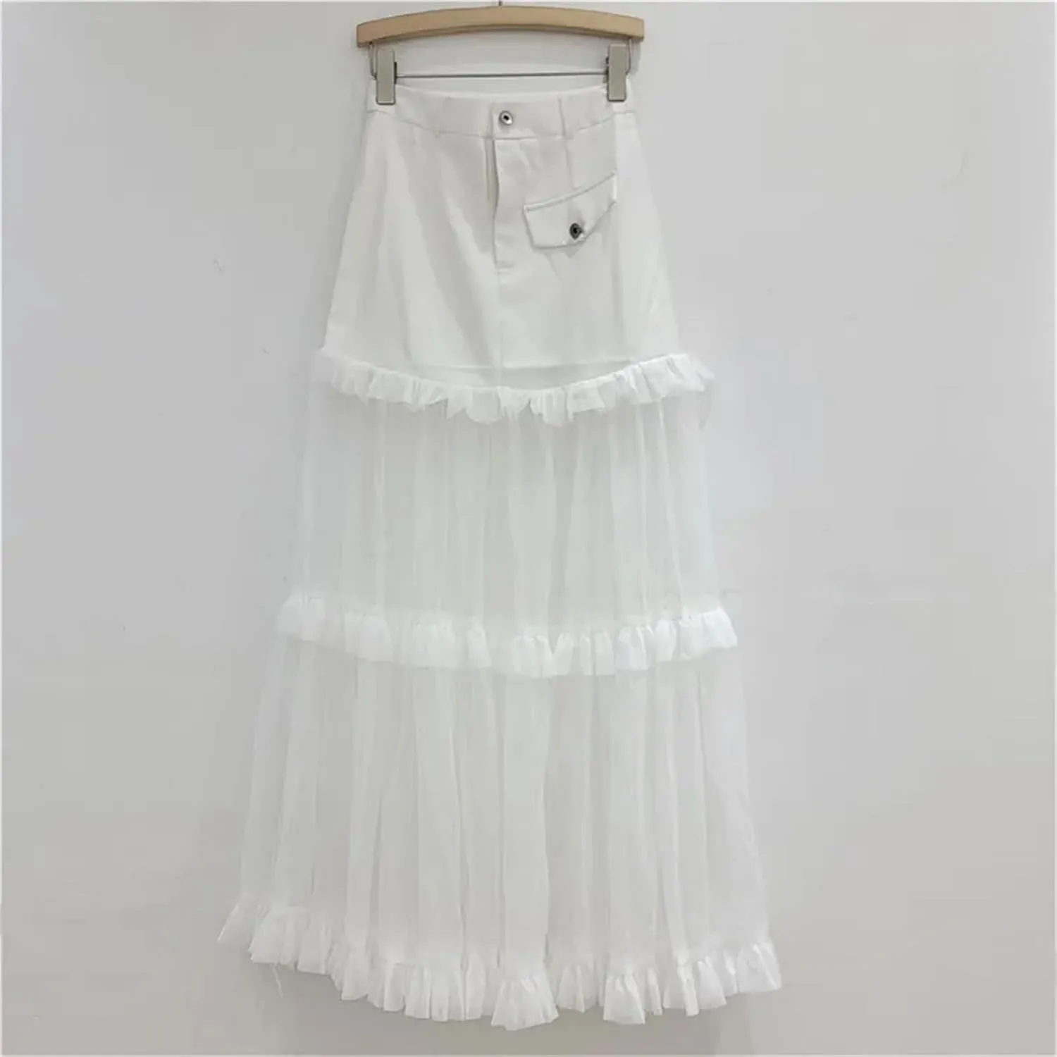Women's Mesh Tiered Skirt, Solid Color Patchwork A-Line High Waist Design