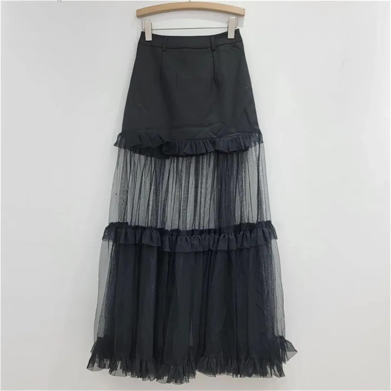 Women's Mesh Tiered Skirt, Solid Color Patchwork A-Line High Waist Design