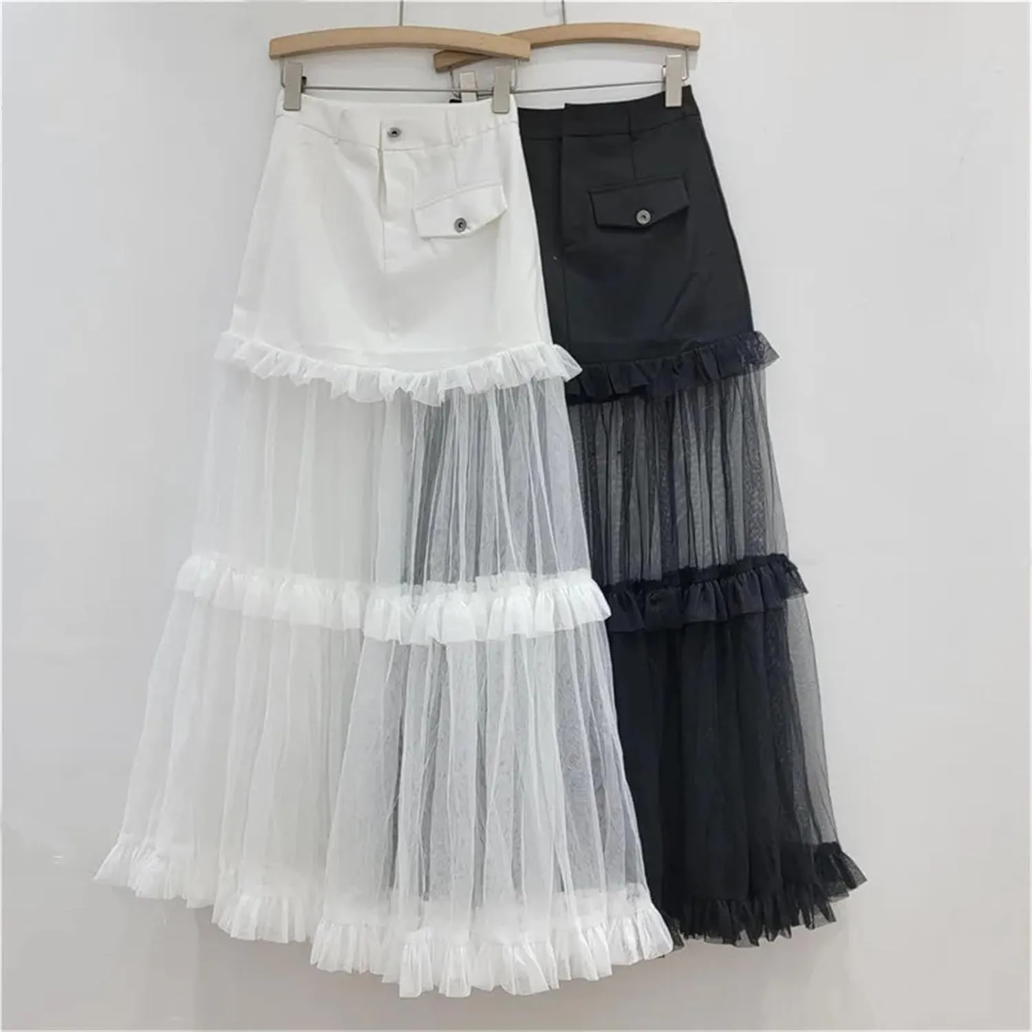 Women's Mesh Tiered Skirt, Solid Color Patchwork A-Line High Waist Design