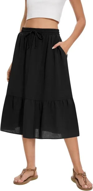 Women's Midi Skirt Summer Tiered Flowy High Waisted Casual Skirts with Pockets