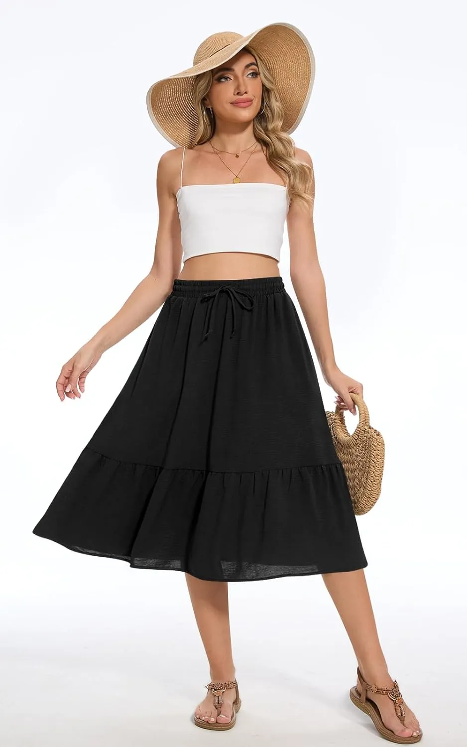 Women's Midi Skirt Summer Tiered Flowy High Waisted Casual Skirts with Pockets