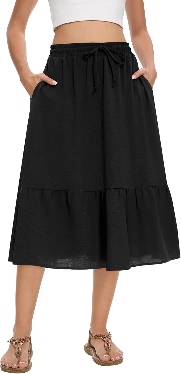 Women's Midi Skirt Summer Tiered Flowy High Waisted Casual Skirts with Pockets