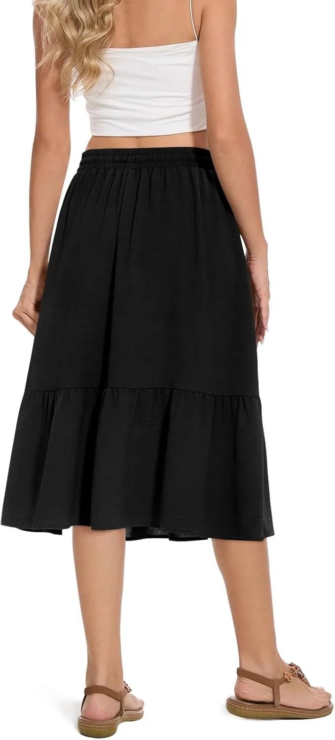 Women's Midi Skirt Summer Tiered Flowy High Waisted Casual Skirts with Pockets