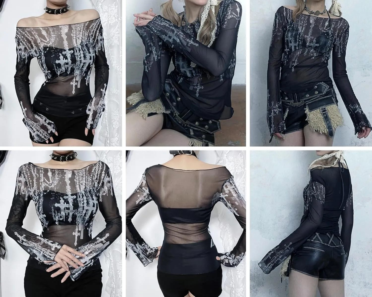 Women's Sexy Mesh See Through T Shirt Fashion Money Print Long Sleeve Crop Top Slim Tee Tops