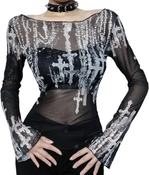 Women's Sexy Mesh See Through T Shirt Fashion Money Print Long Sleeve Crop Top Slim Tee Tops
