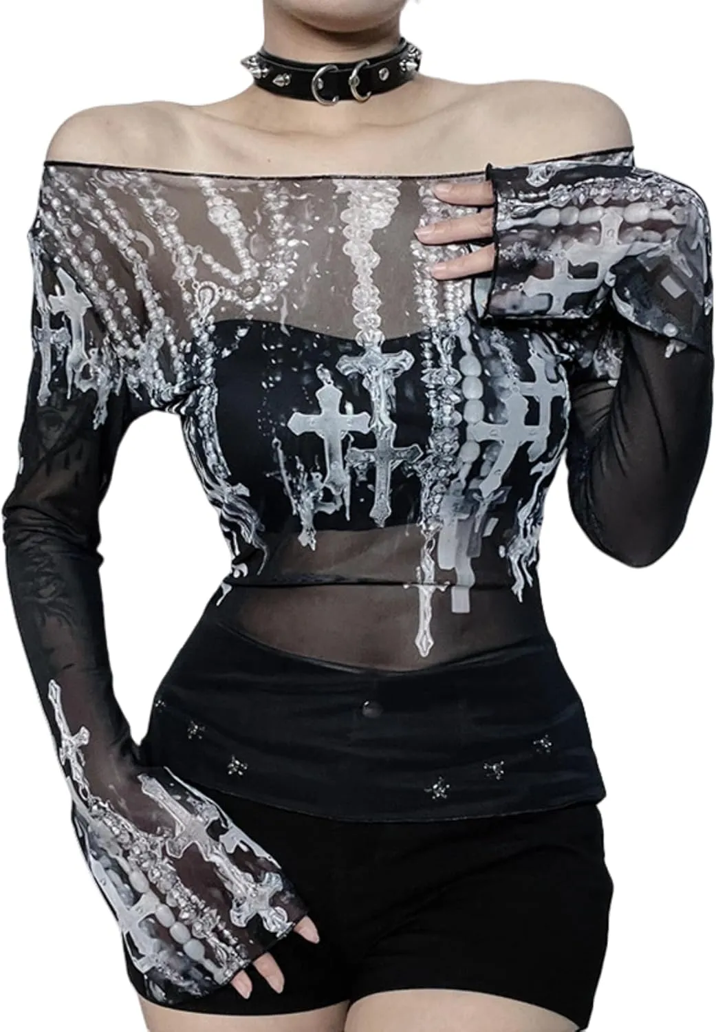 Women's Sexy Mesh See Through T Shirt Fashion Money Print Long Sleeve Crop Top Slim Tee Tops