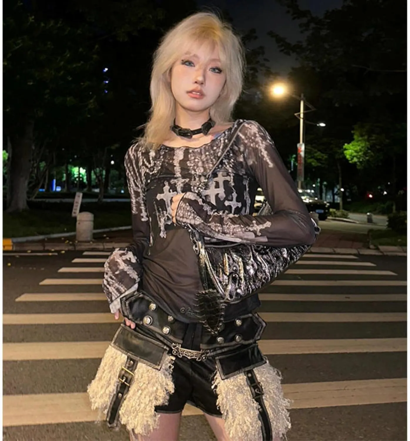 Women's Sexy Mesh See Through T Shirt Fashion Money Print Long Sleeve Crop Top Slim Tee Tops