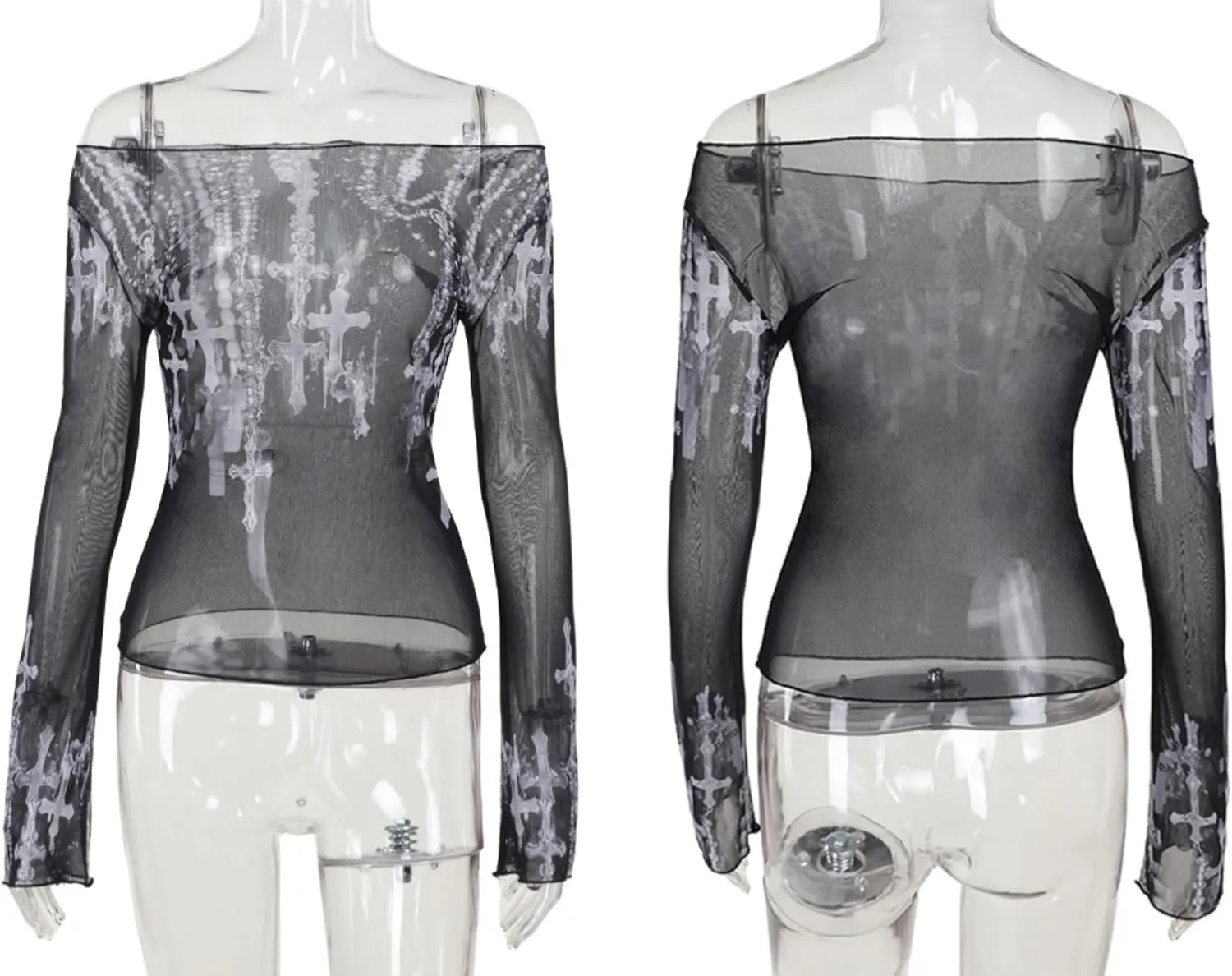Women's Sexy Mesh See Through T Shirt Fashion Money Print Long Sleeve Crop Top Slim Tee Tops
