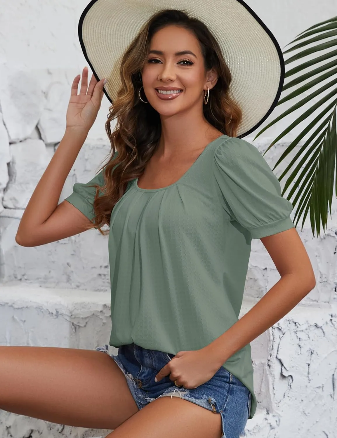Womens Tops for Women Puff Sleeve Square Neck Causal Shirt Loose Fit Blouse Dressy T Shirts