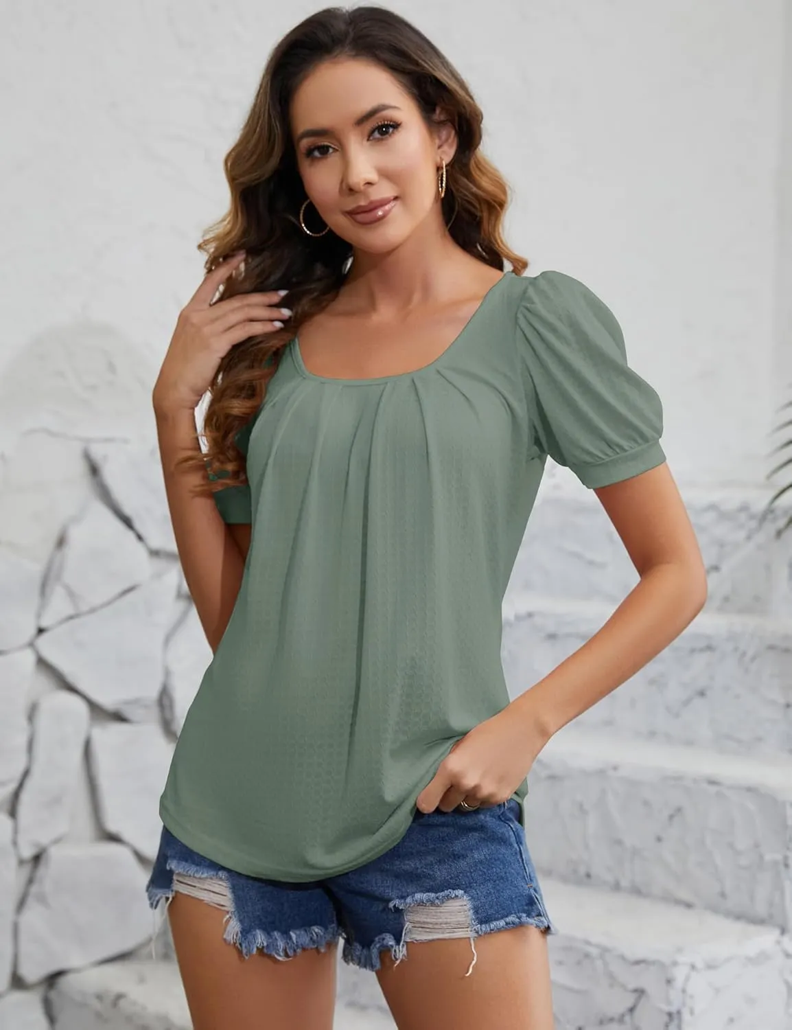 Womens Tops for Women Puff Sleeve Square Neck Causal Shirt Loose Fit Blouse Dressy T Shirts