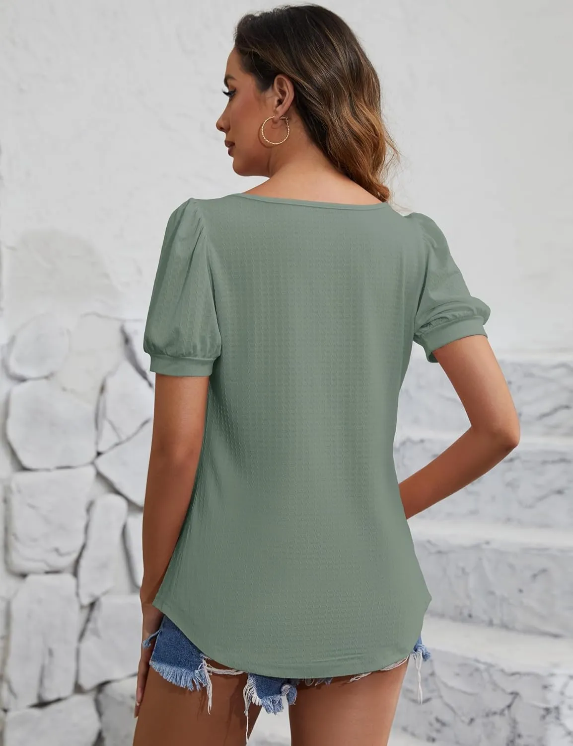 Womens Tops for Women Puff Sleeve Square Neck Causal Shirt Loose Fit Blouse Dressy T Shirts