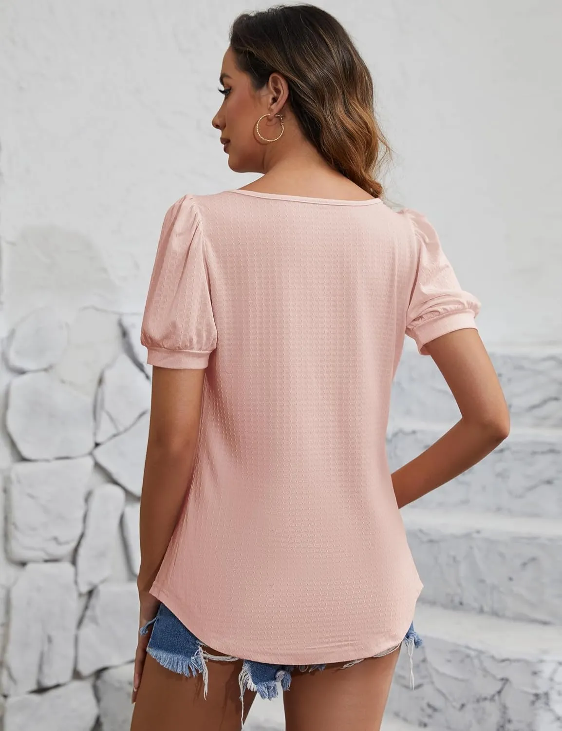 Womens Tops for Women Puff Sleeve Square Neck Causal Shirt Loose Fit Blouse Dressy T Shirts
